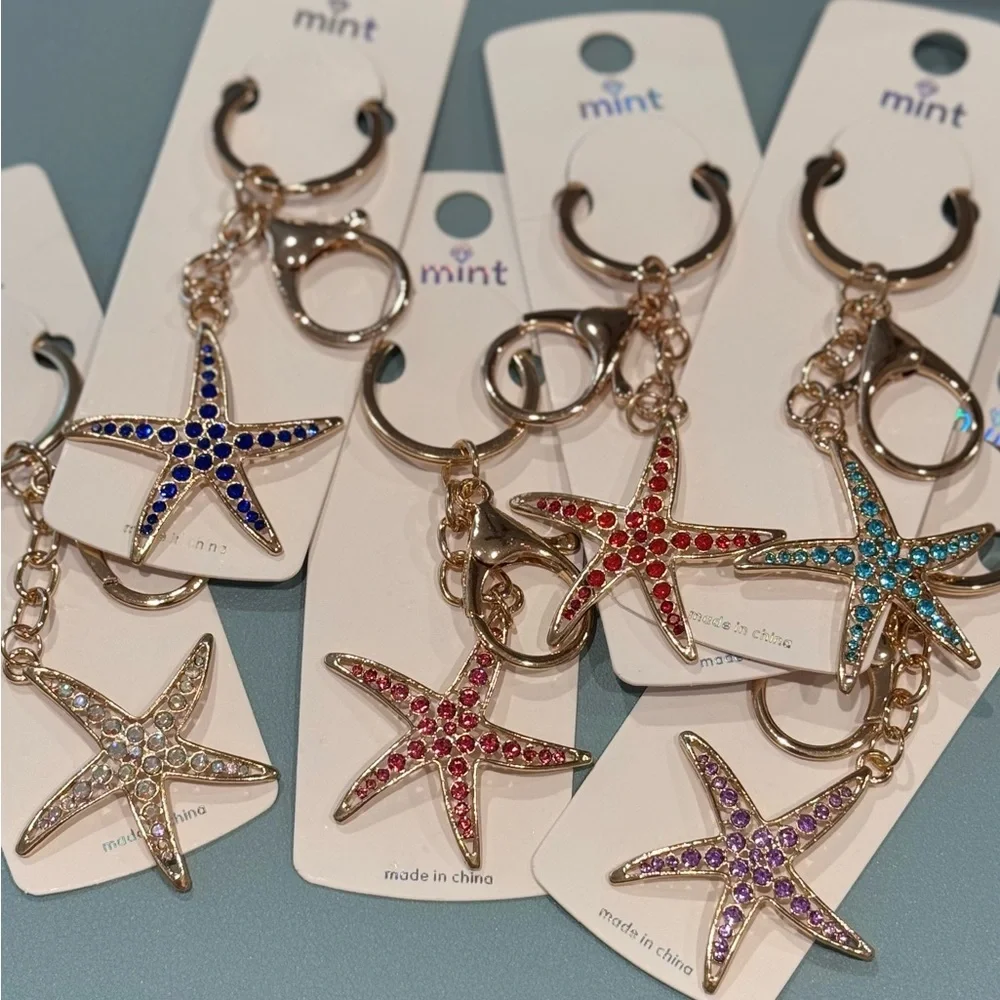 BAG CHARM Mint Starfish Keychain Sparkly Crystal Sea Star Iridescent & Gold
